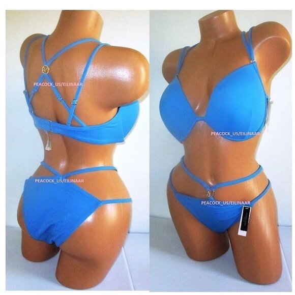 38C/L VICTORIA SECRET Push-Up Top Bikini Set Strappy Brazilian Bottom Blue - Picture 2 of 14